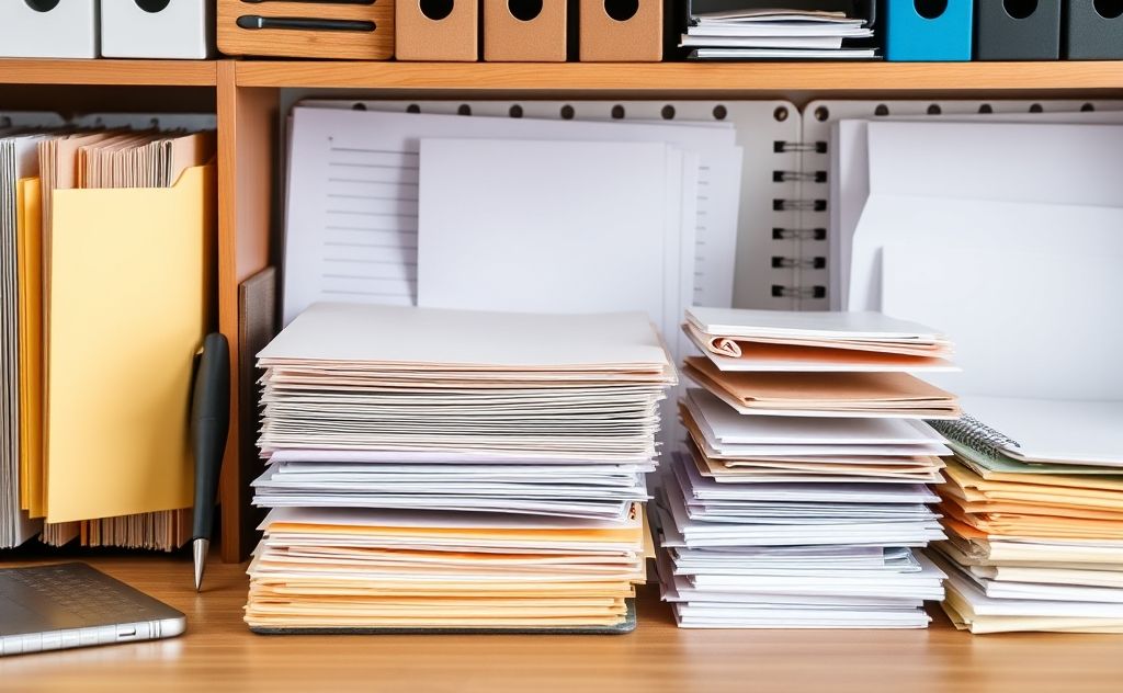 A tidy workspace with neatly organized papers and folders.
