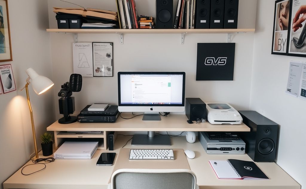 A tidy workspace with organized electronics and minimal clutter.