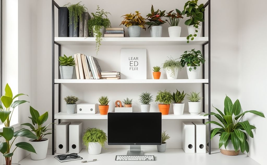 A tidy workspace with organized shelves and plants for focus.