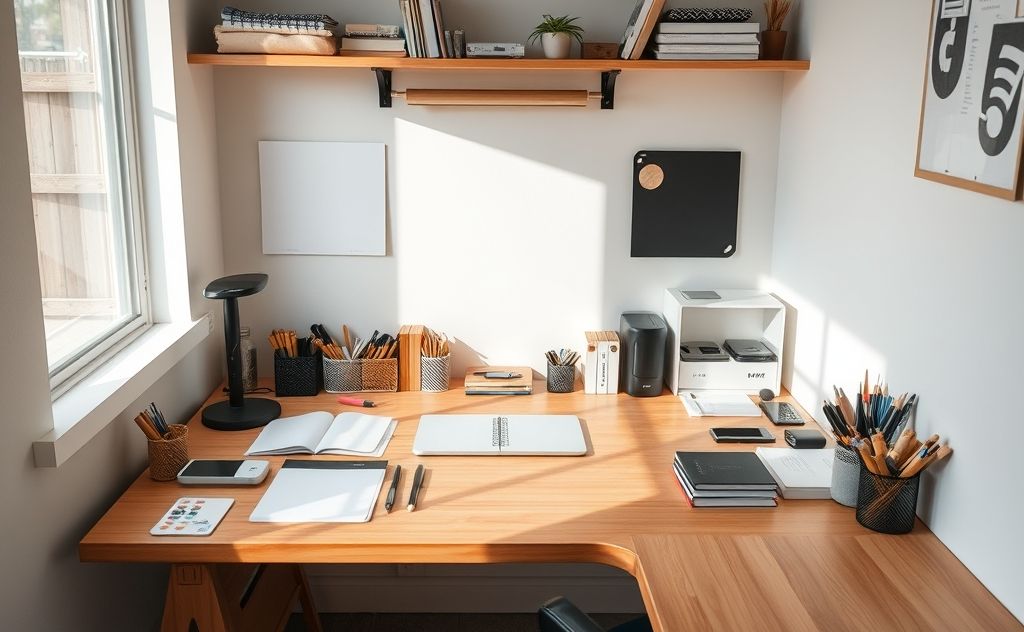 A tidy workspace with organized tools and a clean desk setup.