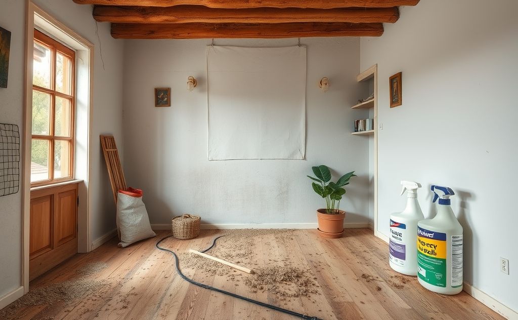 A tidy, dry home interior with pest control products visible.