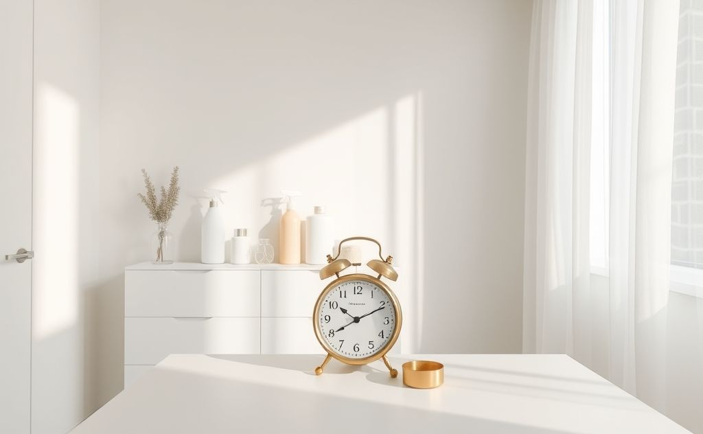 A tidy, minimalist room with cleaning supplies and a timer.