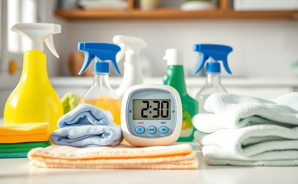A timer and cleaning supplies organized for efficient zone-based cleaning.