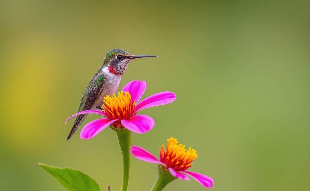 A tiny hummingbird perched on a vibrant flower.