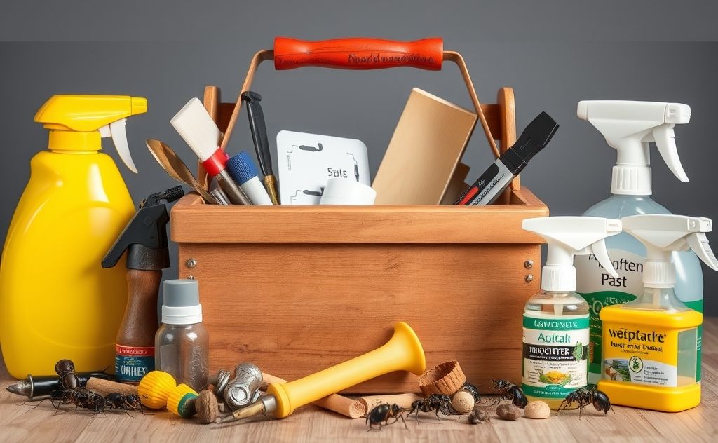 A toolbox surrounded by common household pests and prevention tools.