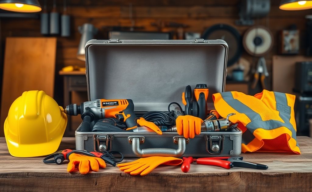 A toolbox with electrical tools and safety gear on a workbench.