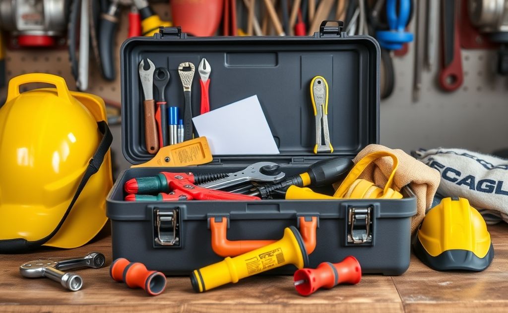 A toolbox with essential tools and safety gear on a workbench.