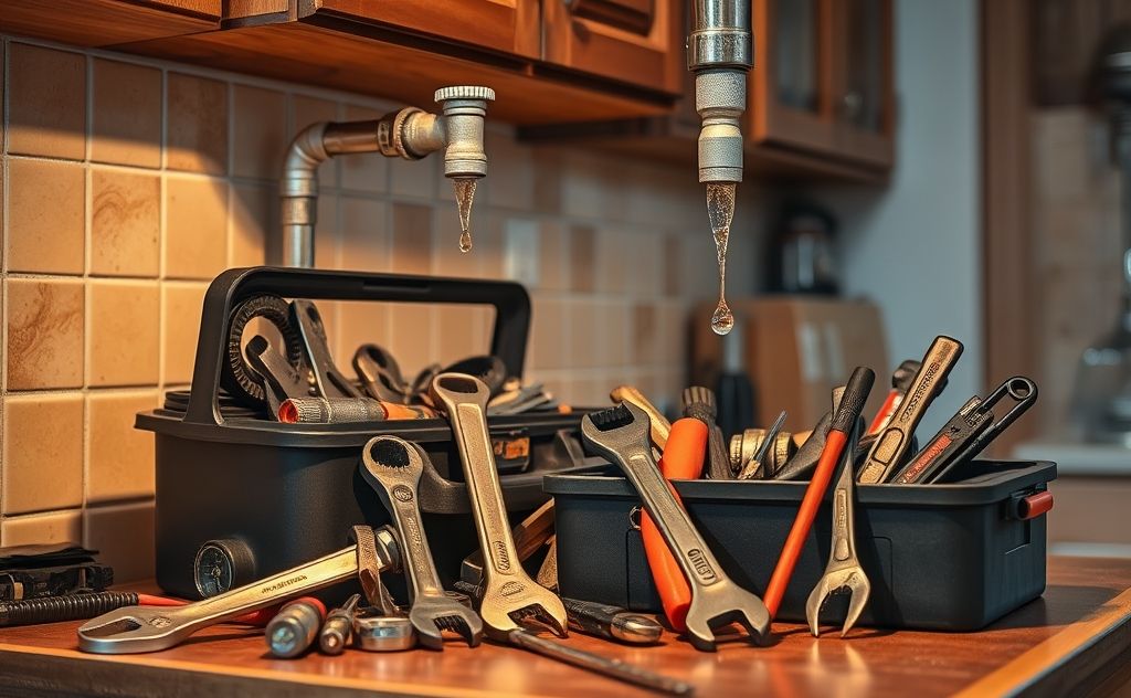 A toolbox with plumbing tools beside a leaky pipe in a home setting