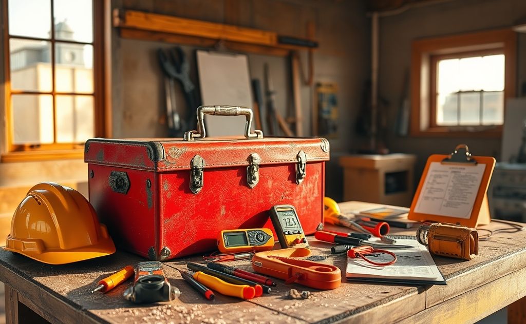 A toolbox with safety gear and electrical tools on a workbench.