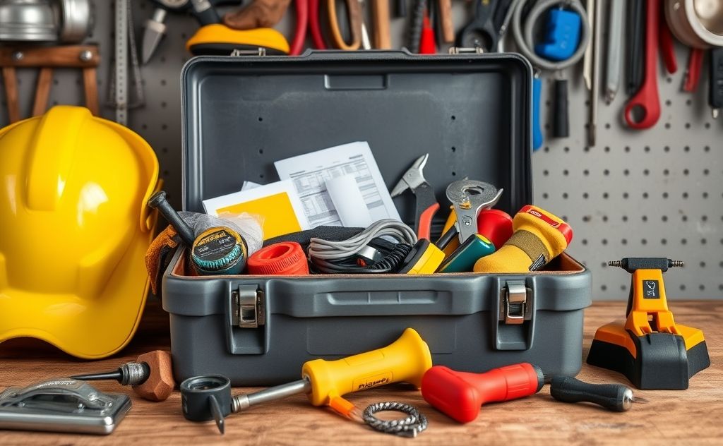 A toolbox with safety gear and home repair tools on a workbench.