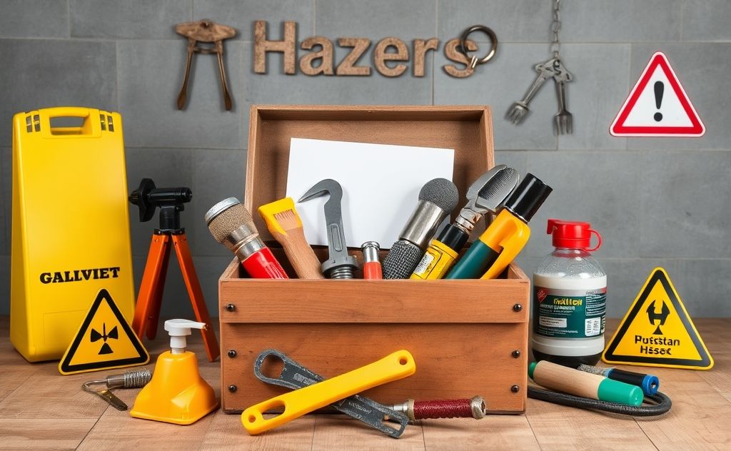 A toolbox with tools surrounded by common household hazards.