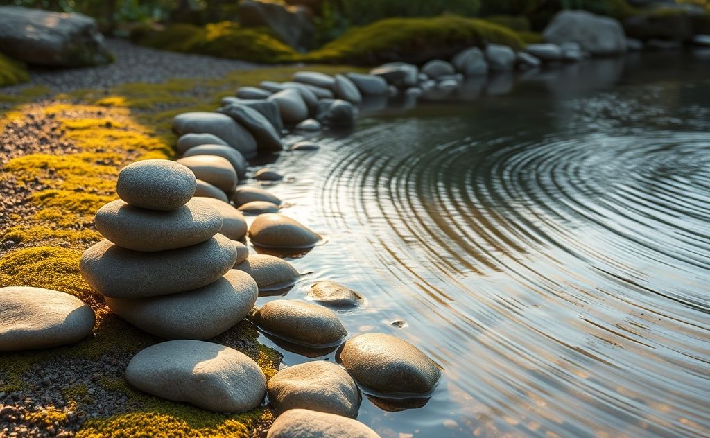 A tranquil Zen garden with smooth stones and gentle rippling water.