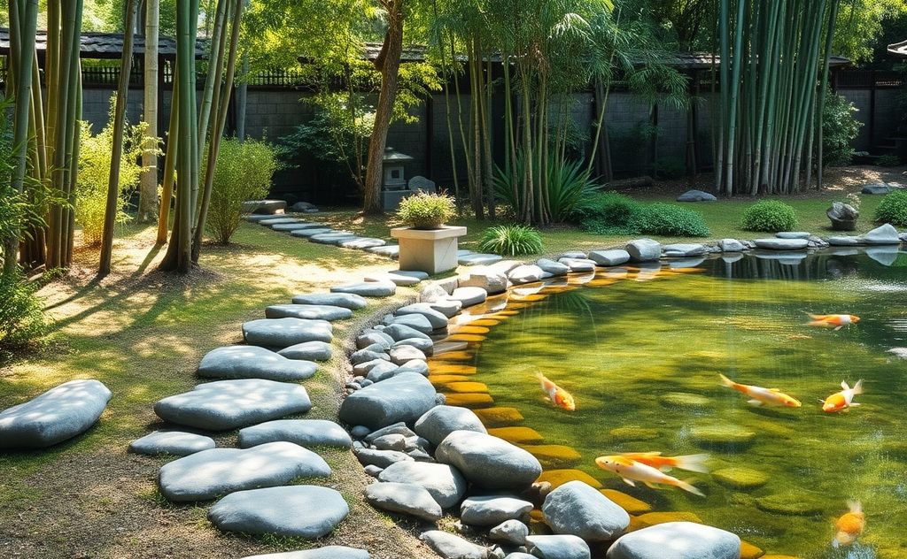 A tranquil garden scene with stones, bamboo, and a serene water feature.