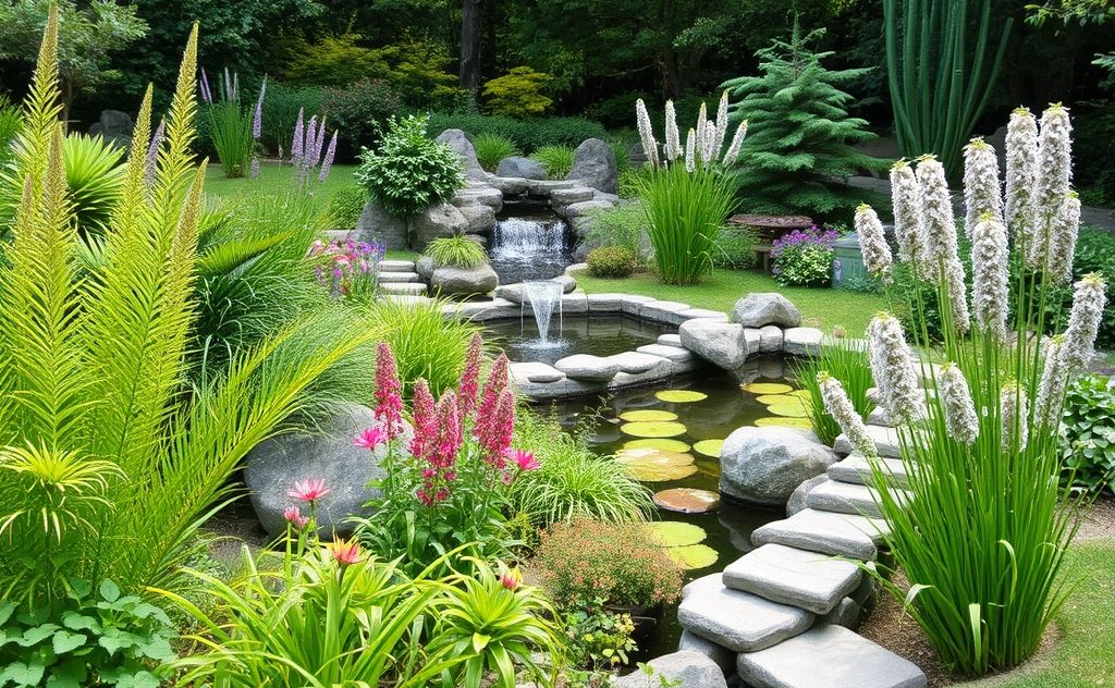 A tranquil garden with harmonious plants and serene water features