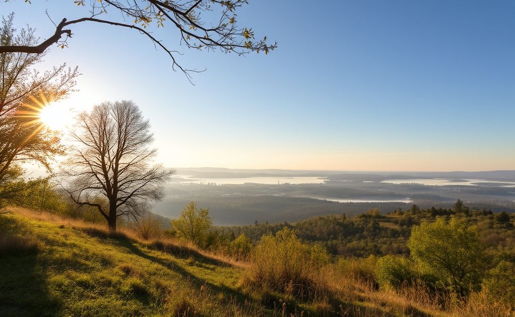A tranquil nature scene with a serene landscape and soft sunlight.