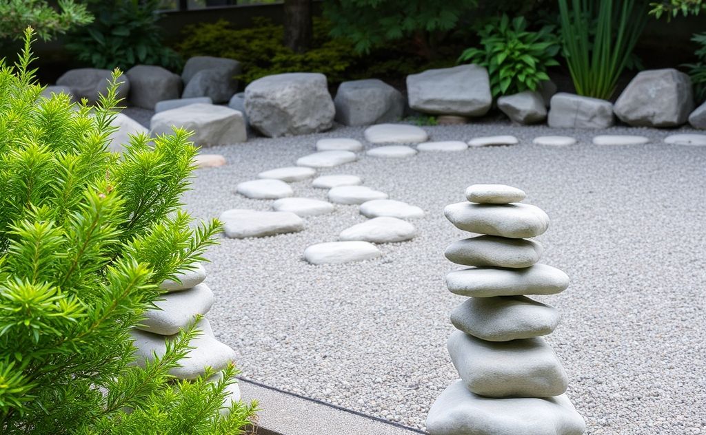 A tranquil scene of a serene garden with balanced stones and greenery.