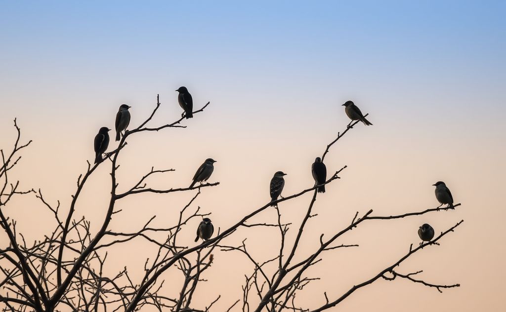 A tranquil scene of various birds perched on tree branches at dusk.