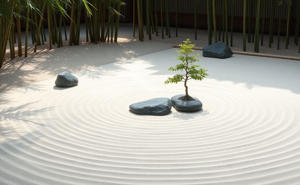 A tranquil zen garden with stones, sand, and a single bonsai tree.