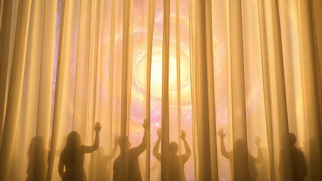 A translucent curtain, subtly shimmering, veils a vibrant, swirling galaxy. Light pierces through, revealing fragmented figures reaching towards an unseen wholeness, bathed in soft, golden light.