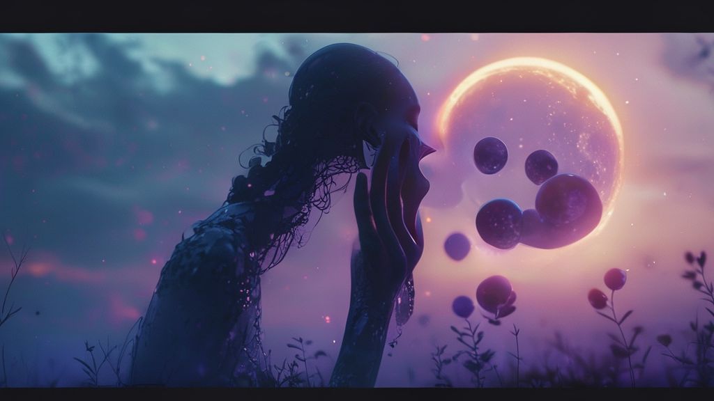A translucent figure, ethereal and glowing, releasing dark, heavy orbs representing emotions into the fading light of a waning crescent moon. Soft, mystic blues and purples. Cinematic, 4k.