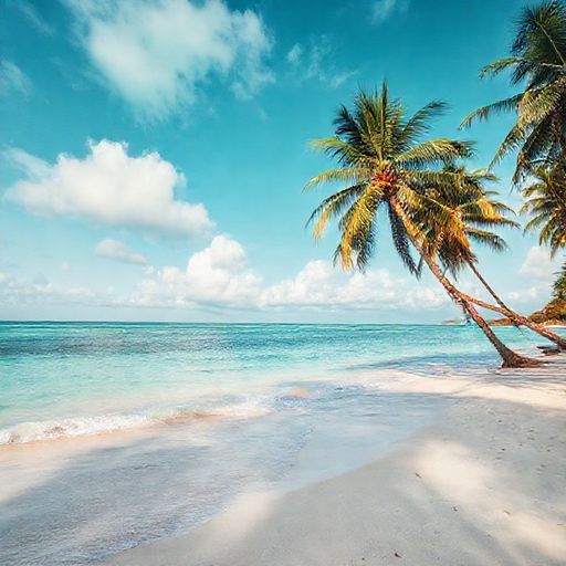 A tropical beach paradise with palm trees