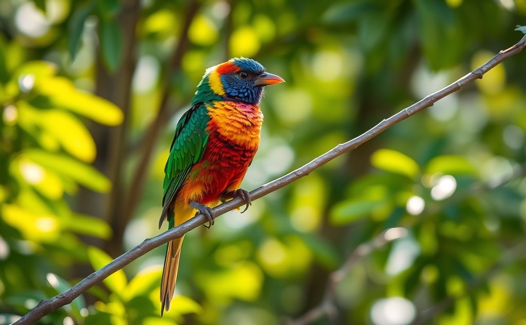 A unique bird with vibrant plumage perched on a branch.