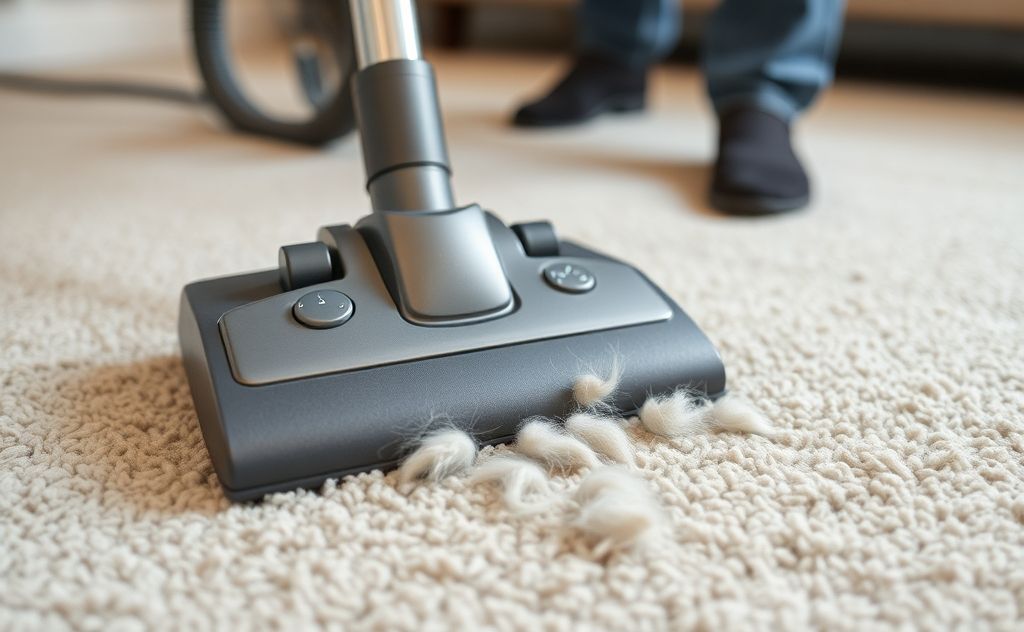 A vacuum cleaner removing pet hair from a carpet.
