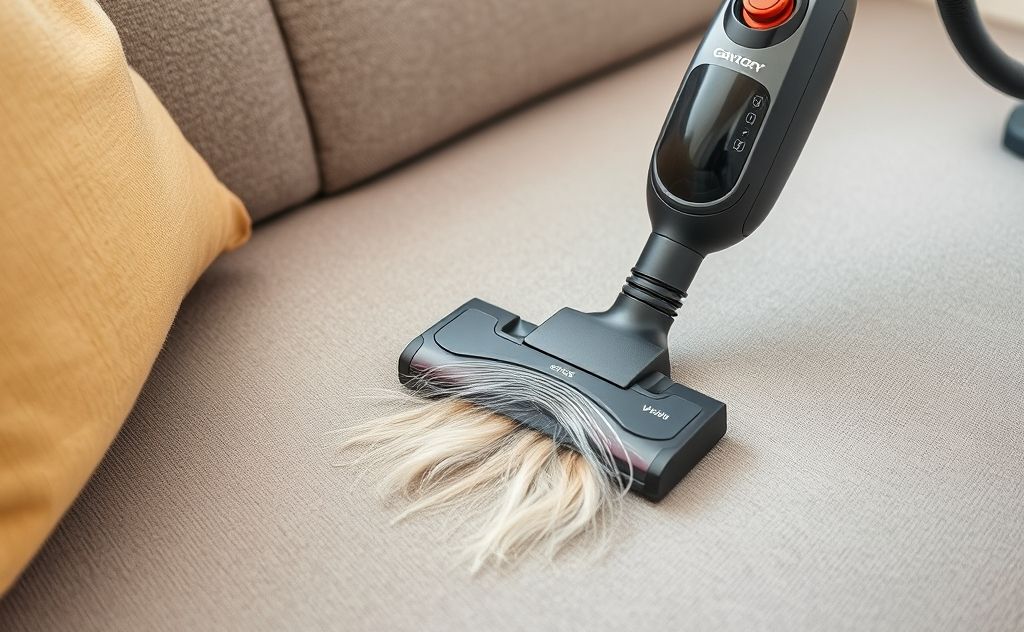 A vacuum cleaner removing pet hair from a sofa.