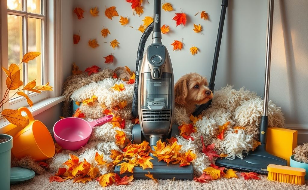 A vacuum cleaner surrounded by seasonal pet hair and cleaning tools.