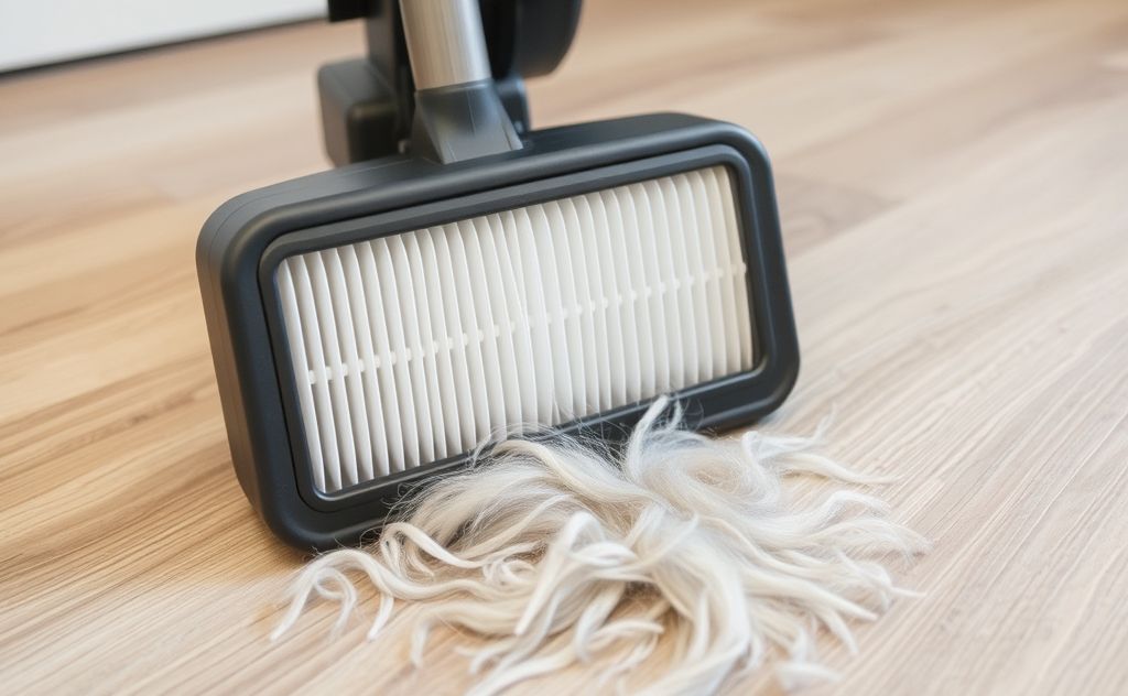 A vacuum cleaner with a HEPA filter and pet fur on the floor.