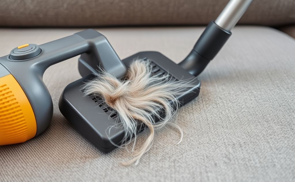 A vacuum cleaner with pet hair being removed from a couch.