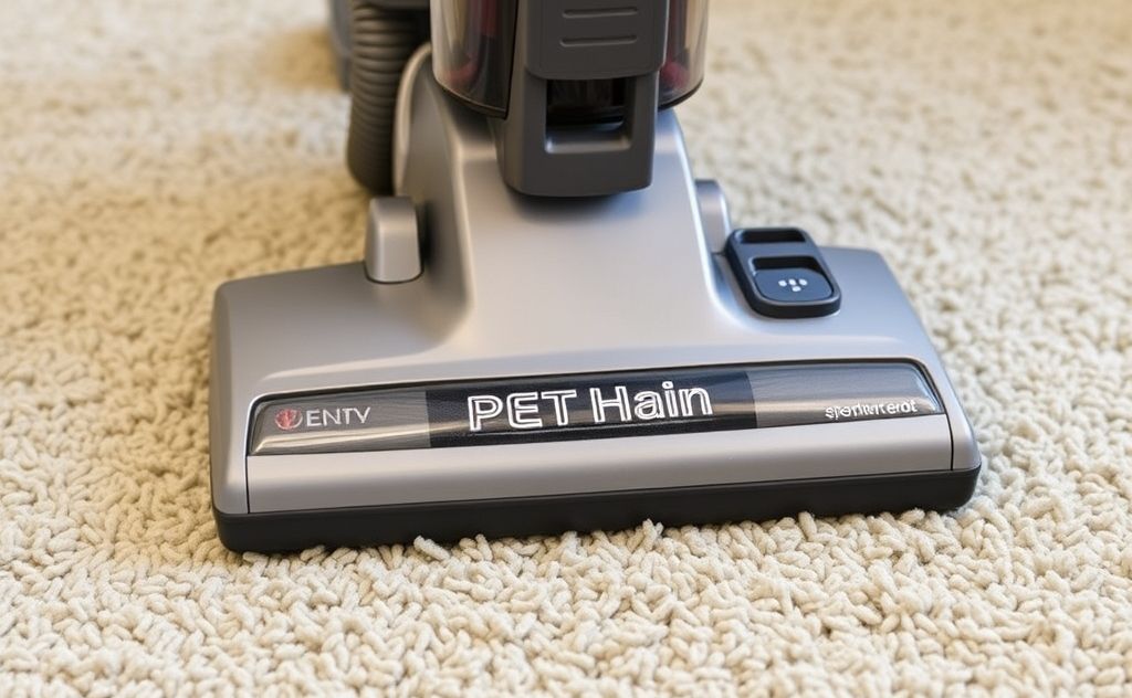 A vacuum cleaner with specialized pet hair attachments on a carpet.