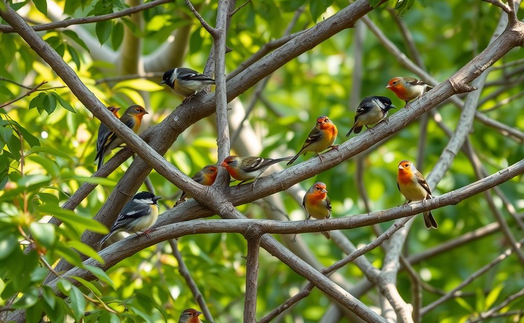 A variety of North American finches perched on tree branches.