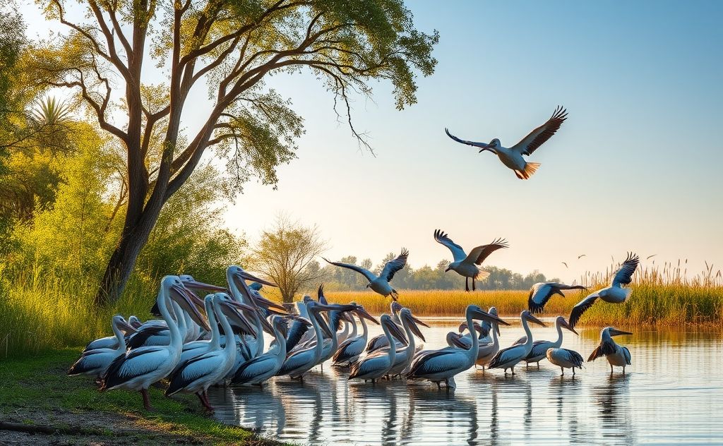 A variety of birds resembling pelicans in a natural setting.
