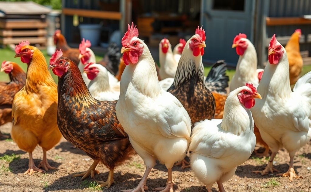 A variety of chicken breeds in a sunny farmyard setting.