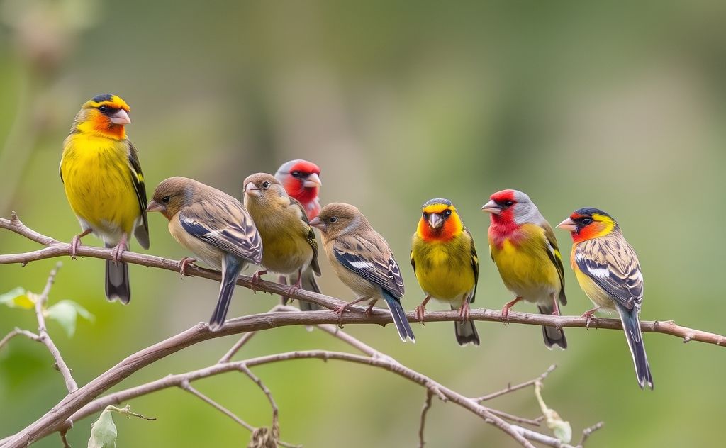 A variety of colorful finches perched on branches in a natural setting.