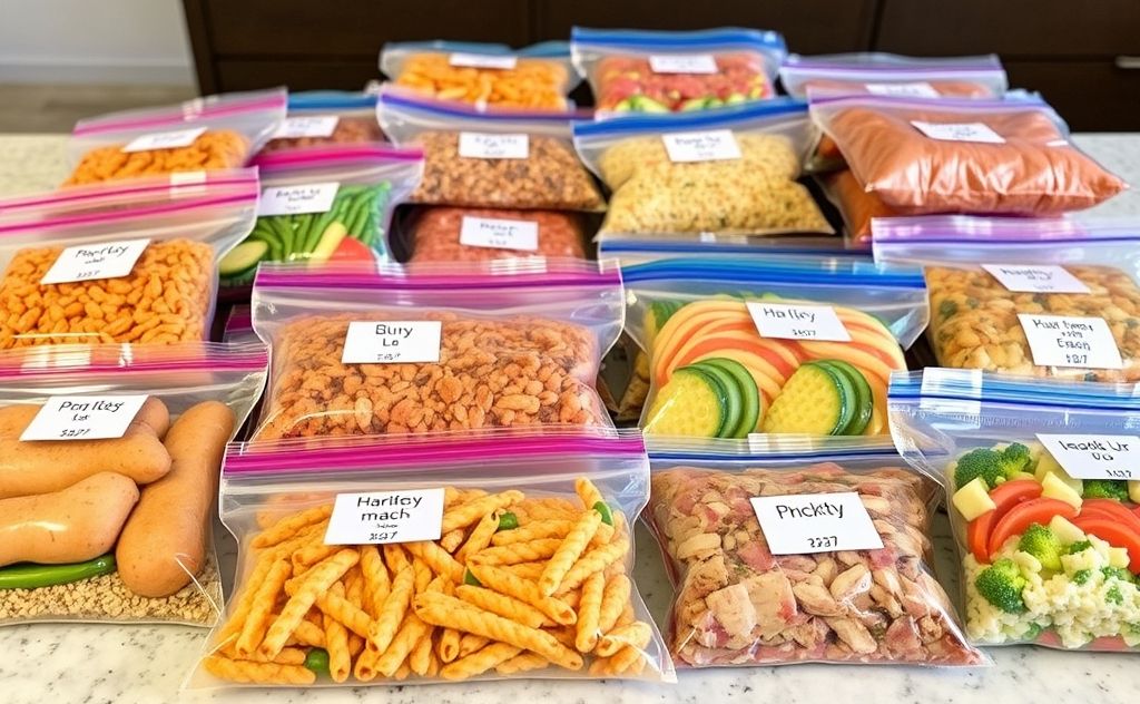 A variety of colorful freezer meal containers arranged on a table.