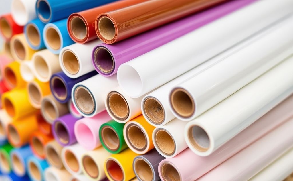 A variety of colorful heat transfer vinyl rolls stacked neatly.