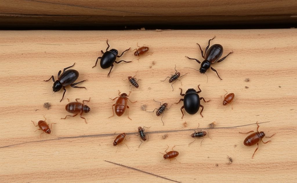 A variety of common household pests on a wooden surface.
