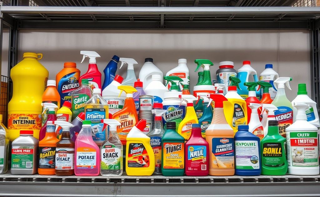 A variety of concentrated and bulk cleaning products on a shelf.