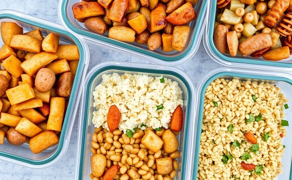 A variety of cooked proteins and grains arranged in meal prep containers.