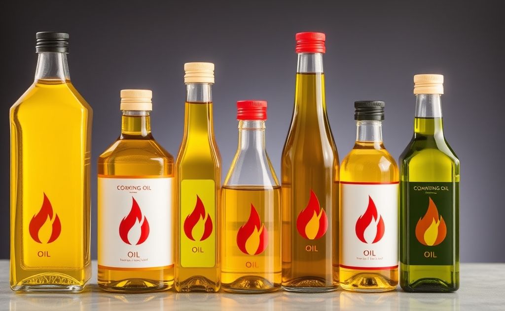 A variety of cooking oils in bottles with a flame symbol.