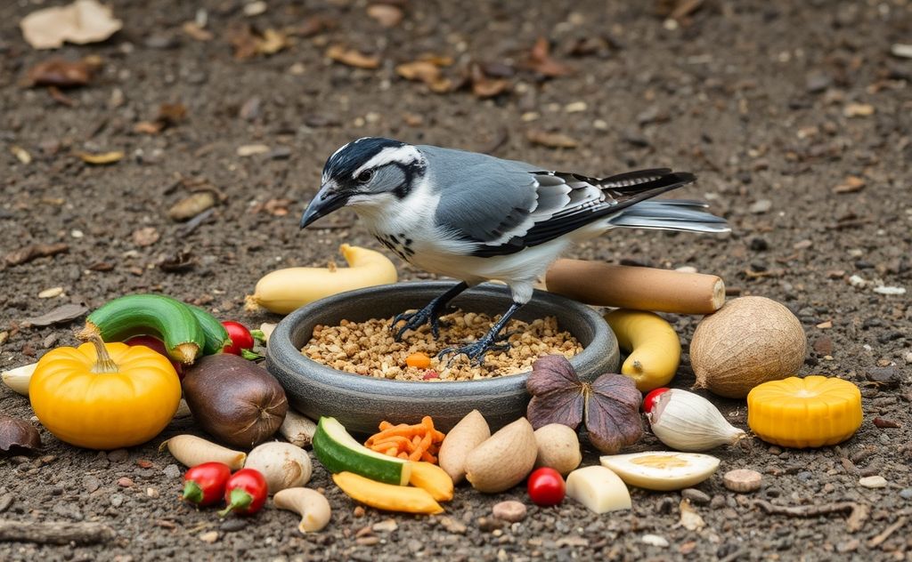 A variety of dangerous foods scattered around a bird's feeding area.