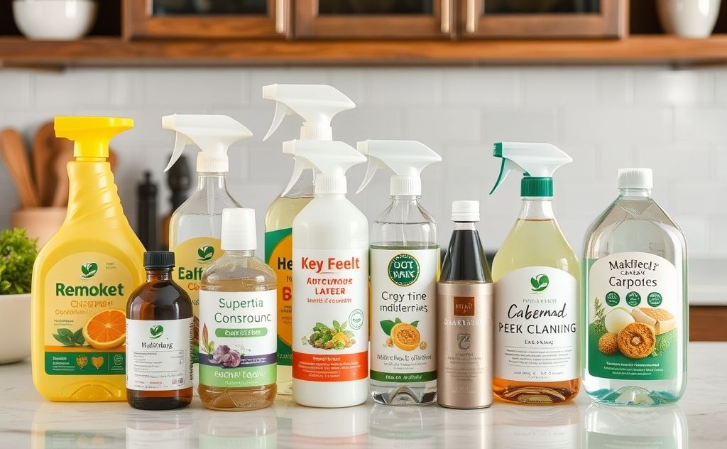 A variety of eco-friendly cleaning products on a kitchen counter.