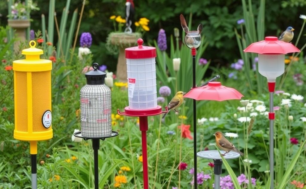 A variety of effective bird deterrents in a garden setting.
