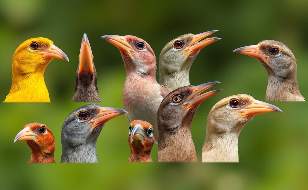 A variety of finch beaks displayed on a natural background.