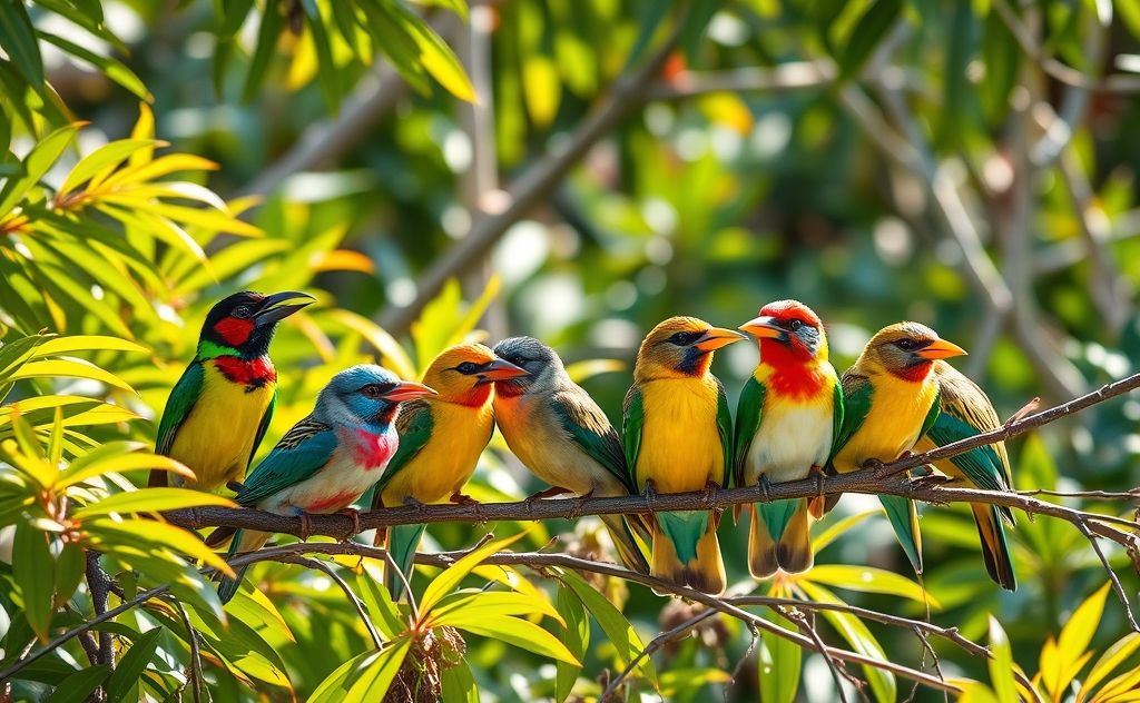 A variety of finches perched on branches in the Galapagos Islands.