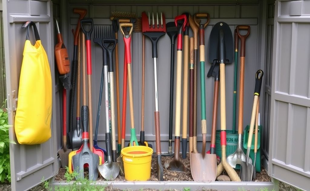 A variety of garden tools organized in a freestanding storage unit.