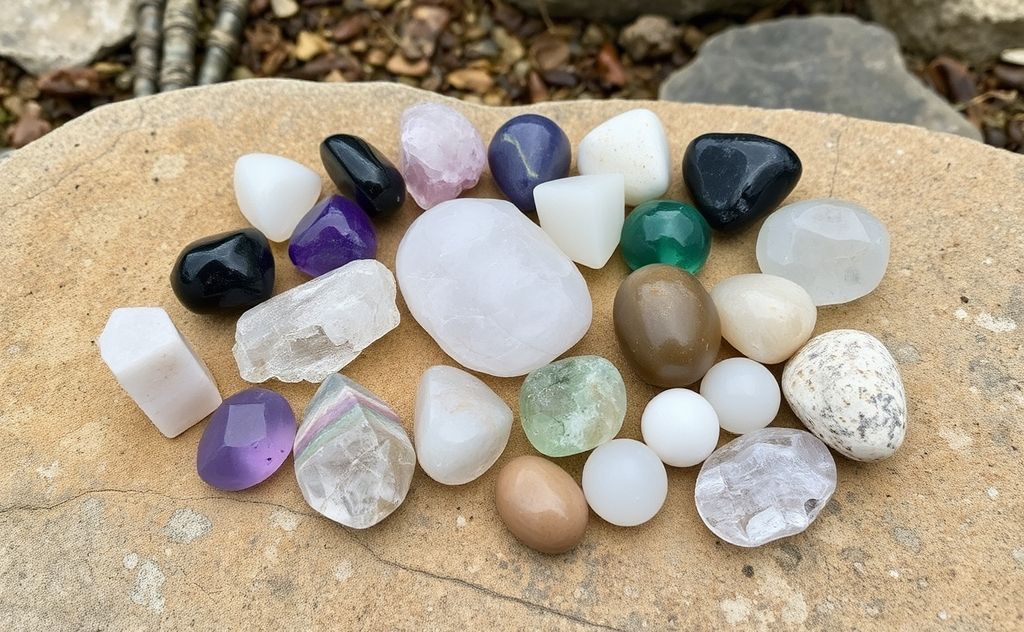 A variety of grounding crystals arranged on a natural stone surface.