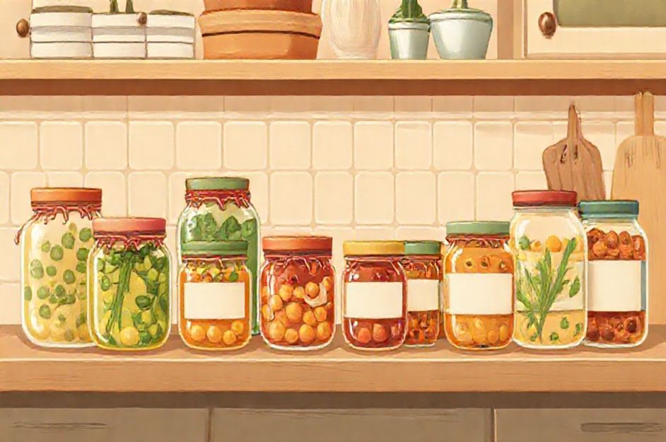 A variety of homemade preserved jars on a kitchen counter